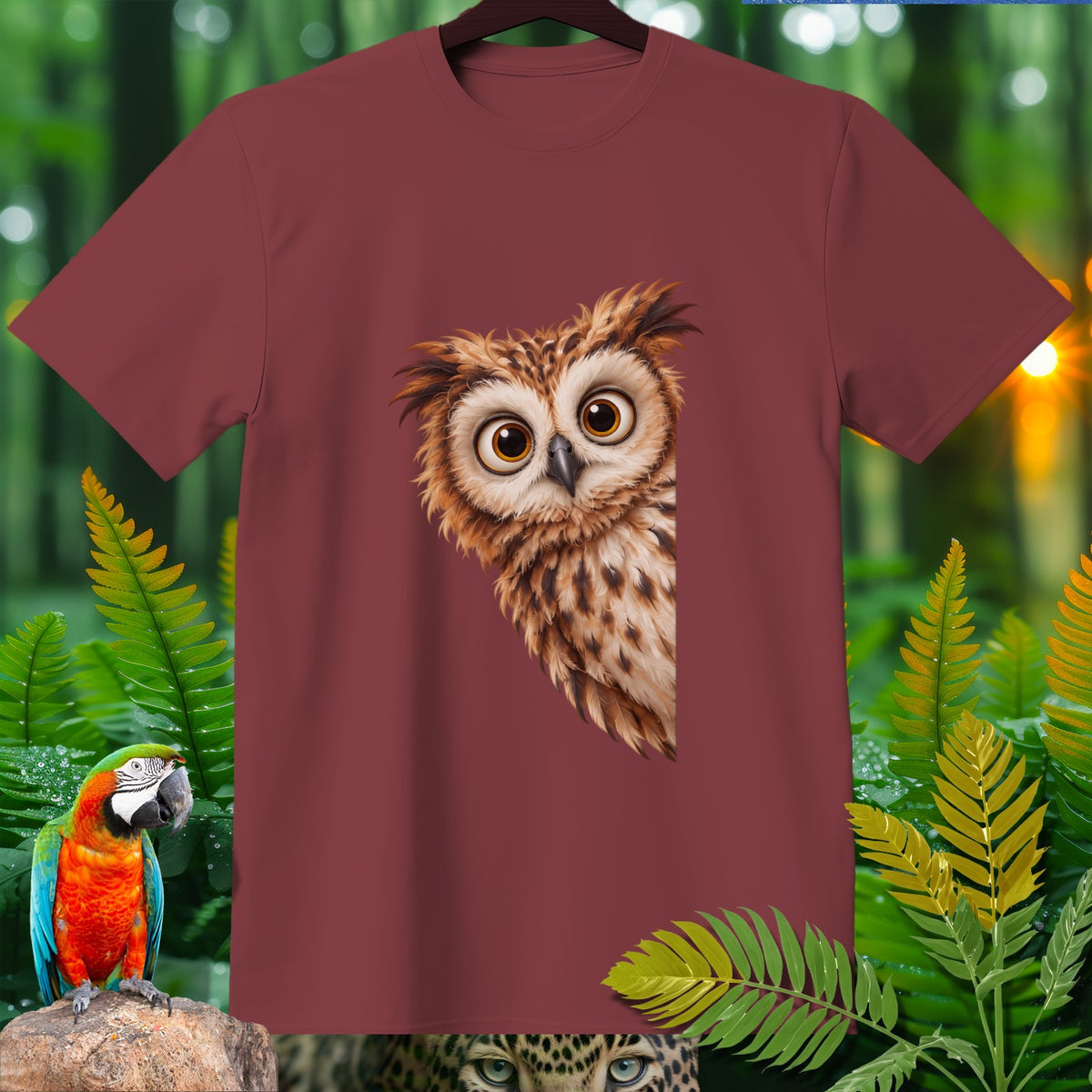 Burgundy t-shirt with a cartoon owl peeking from the right side.