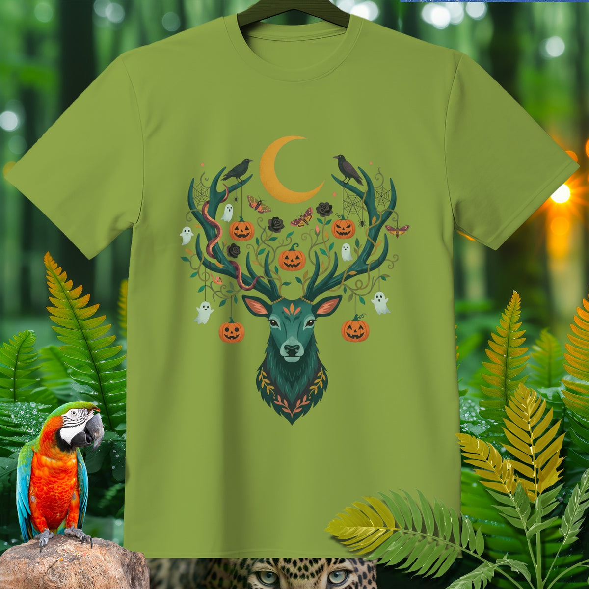 Green t-shirt with Halloween deer design featuring pumpkins, ghosts, and moon.
