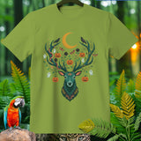 Green t-shirt with Halloween deer design featuring pumpkins, ghosts, and moon.