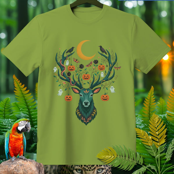 Green t-shirt with Halloween deer design featuring pumpkins, ghosts, and moon.