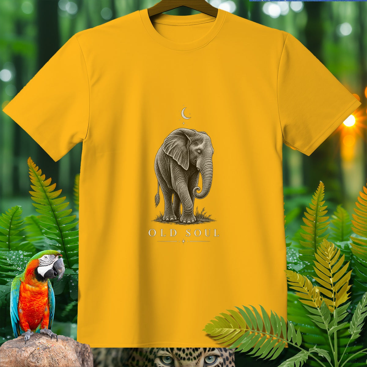 Yellow t-shirt with elephant graphic and "OLD SOUL" text.