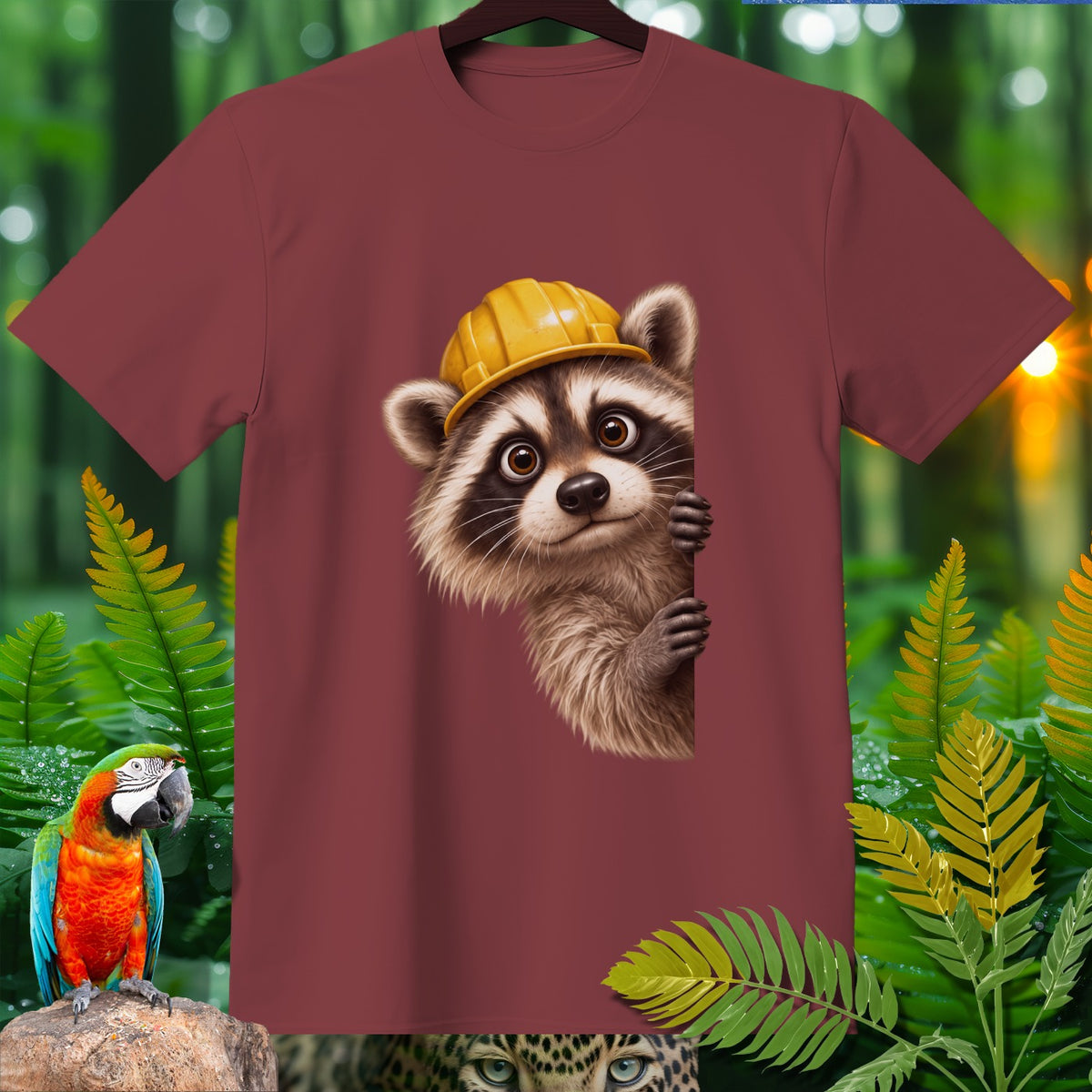 Maroon t-shirt with cartoon raccoon wearing a yellow hard hat peeking out.