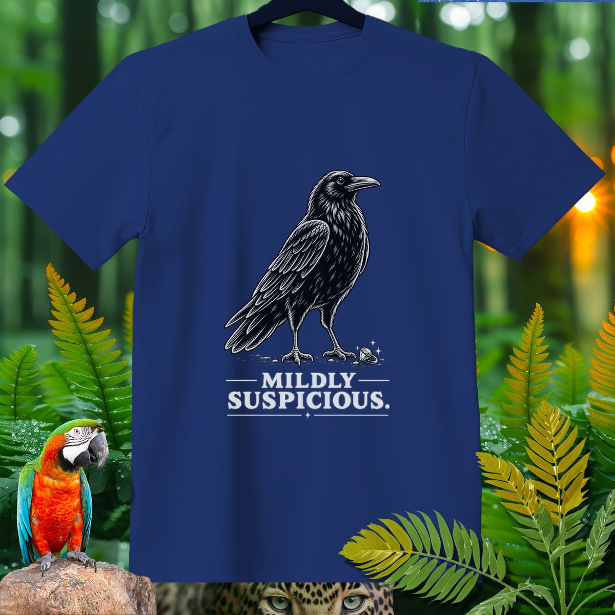 Blue t-shirt with a crow graphic and text "MILDLY SUSPICIOUS."
