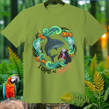 Green t-shirt with a circular Halloween-themed graphic of a shark and vampire saying 
