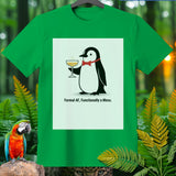 Green t-shirt with penguin graphics holding champagne and text 