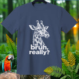 Navy t-shirt with white sketch of giraffe head and text 
