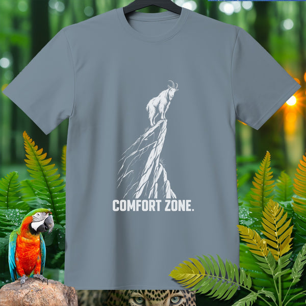 Gray t-shirt with white graphic of goat on cliff and text "COMFORT ZONE."