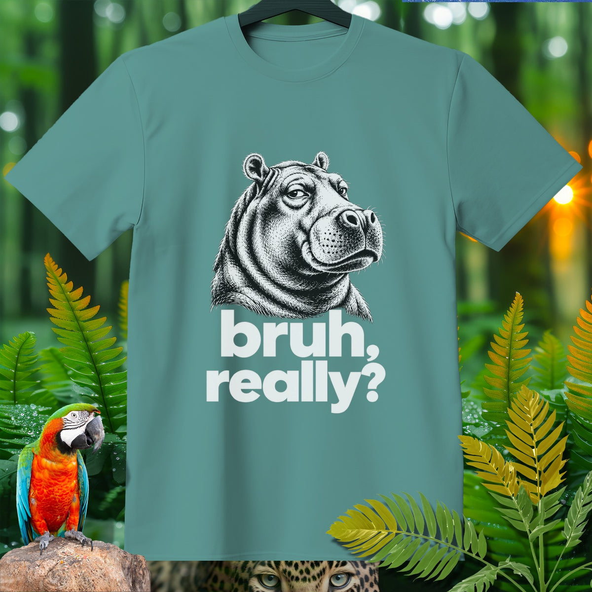 Teal t-shirt with black and white illustration of a hippo face and text "bruh, really?".