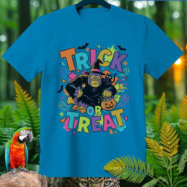Gorilla dressed as wizard with "Trick or Treat" text and Halloween motifs on a blue t-shirt.