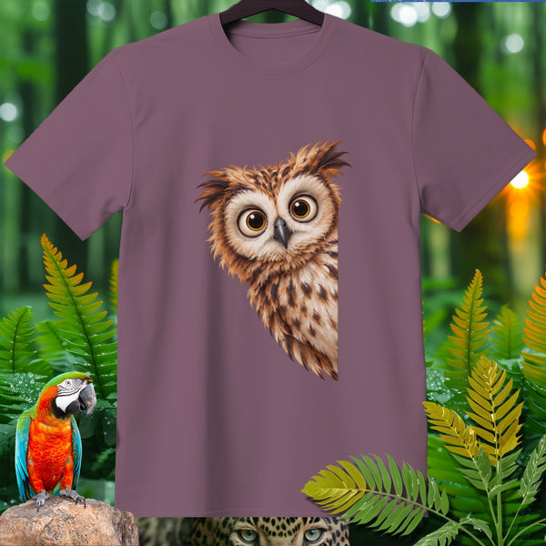 Purple t-shirt with large-eyed owl graphic, rainforest background with parrot and leopard.