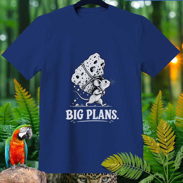 Mouse carrying large piece of cheese with text "BIG PLANS."
