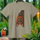 T-shirt with a detailed illustration of a hanging bat and a macaw.