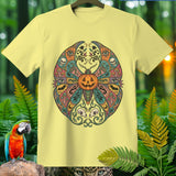 Yellow t-shirt with a circular Halloween-themed mandala design.