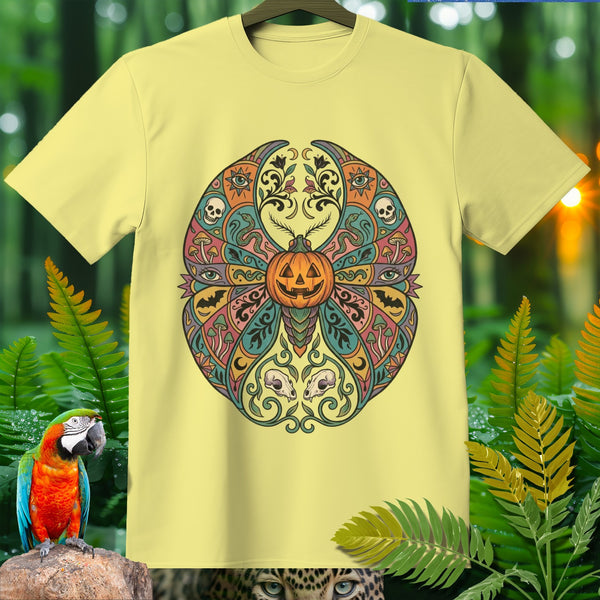 Yellow t-shirt with a circular Halloween-themed mandala design.