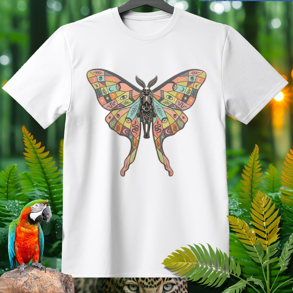 White t-shirt with a colorful patterned luna moth skeleton design.