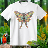 White t-shirt with a colorful patterned luna moth skeleton design.