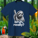 Navy t-shirt with a sloth graphic and text 