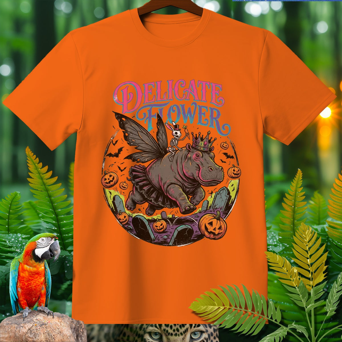Orange t-shirt with a Halloween graphic of a crowned hippopotamus with fairy wings.