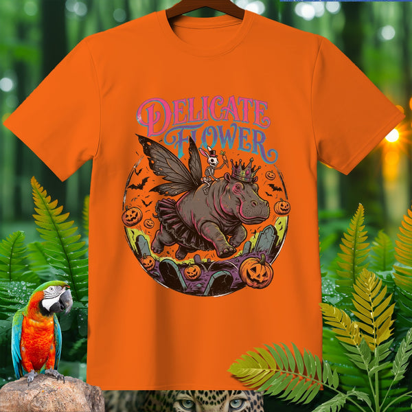 Orange t-shirt with a Halloween graphic of a crowned hippopotamus with fairy wings.