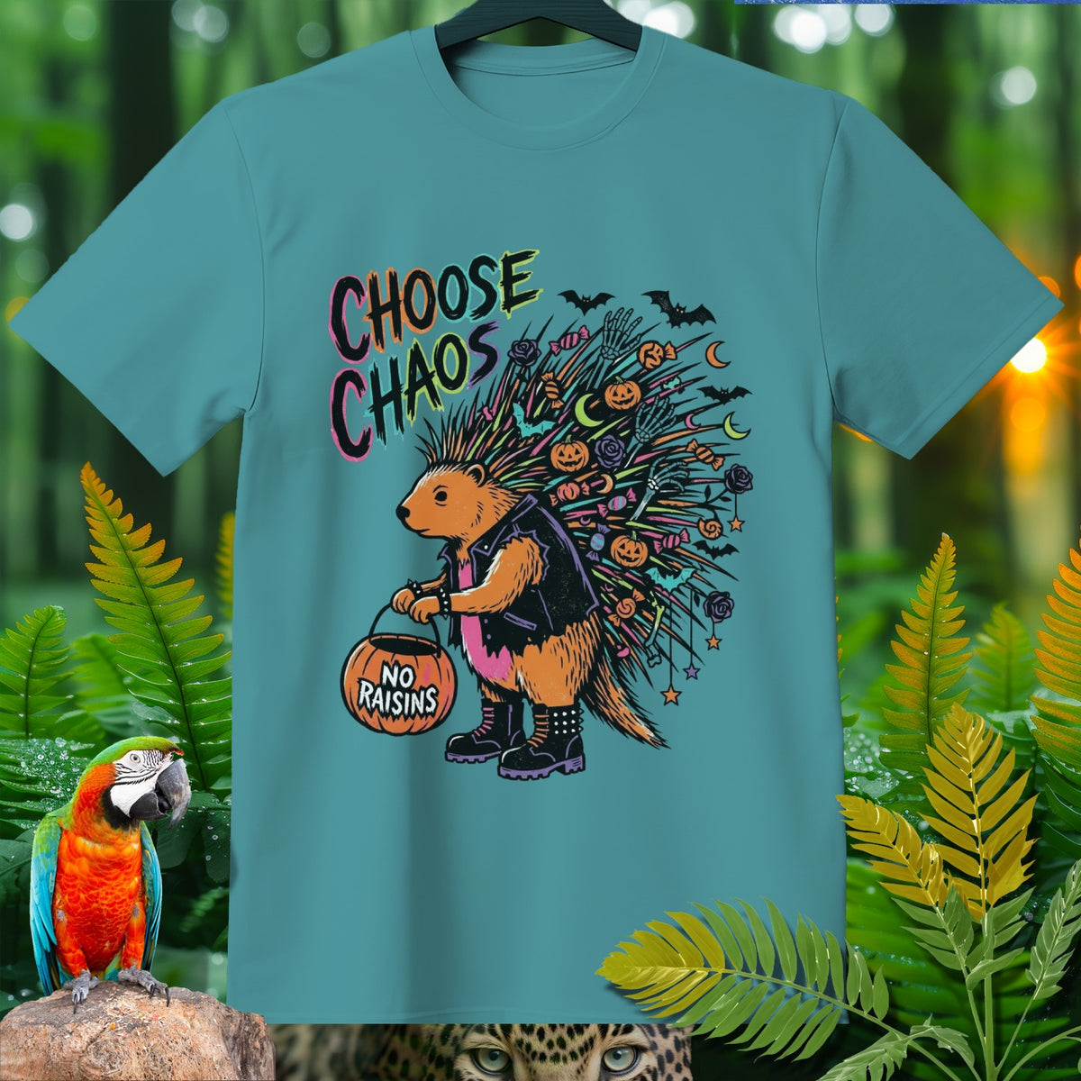 Teal t-shirt with punk hedgehog graphic and "CHOOSE CHAOS" text.