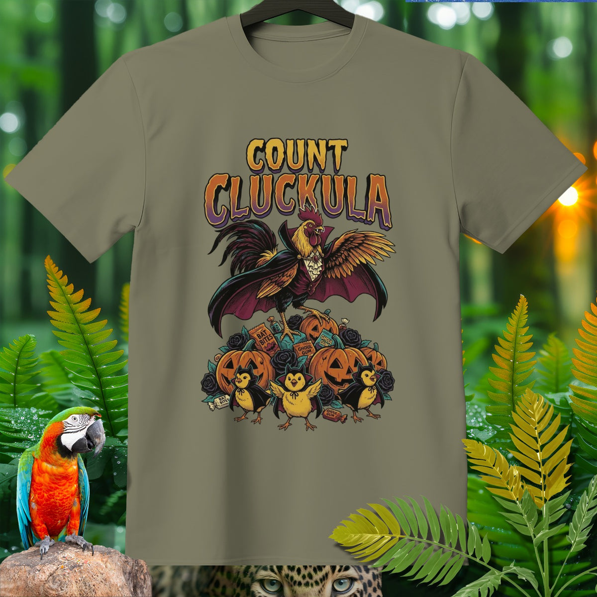 "Count Cluckula" Halloween design with rooster, chicks, and pumpkins on a t-shirt.