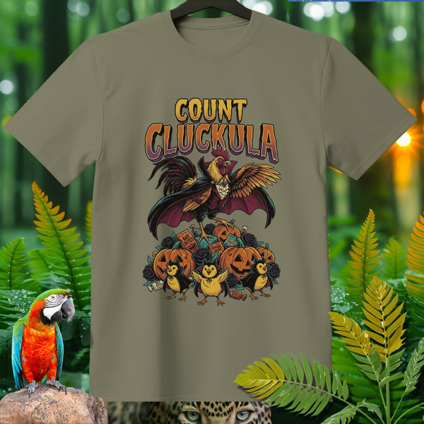 "Count Cluckula" Halloween design with rooster, chicks, and pumpkins on a t-shirt.