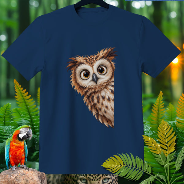 Dark blue t-shirt featuring a cartoon owl face peeking from the right.