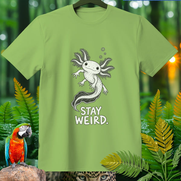 Light green t-shirt with a white axolotl graphic and text "STAY WEIRD."