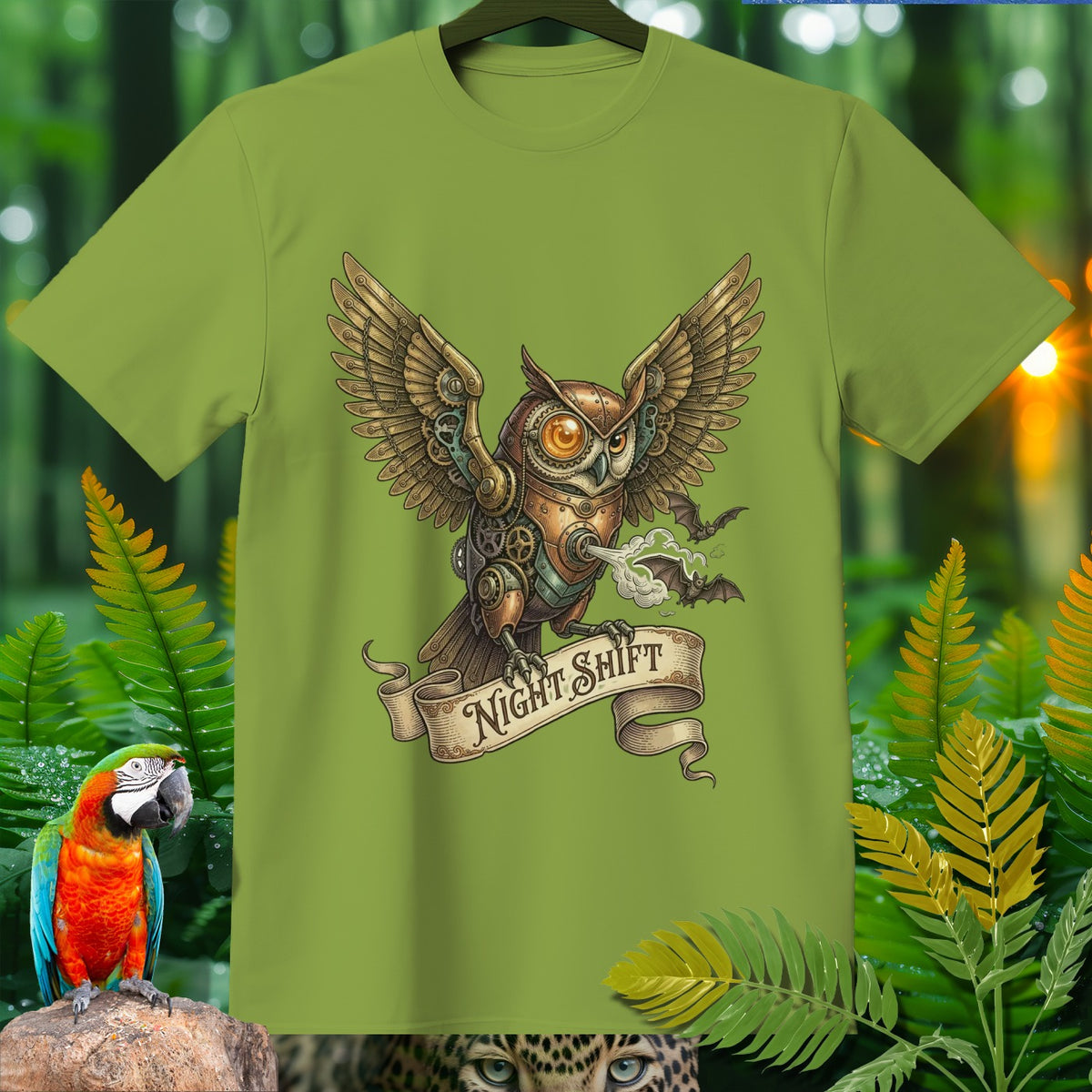 Steampunk owl with gears and wings on a light green t-shirt, reads "Night Shift."