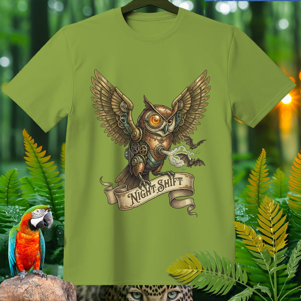 Steampunk owl with gears and wings on a light green t-shirt, reads "Night Shift."