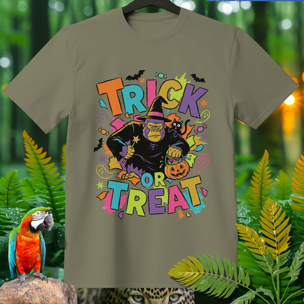 Gorilla in witch hat and cape holding pumpkin trick-or-treat bag, text "TRICK OR TREAT".