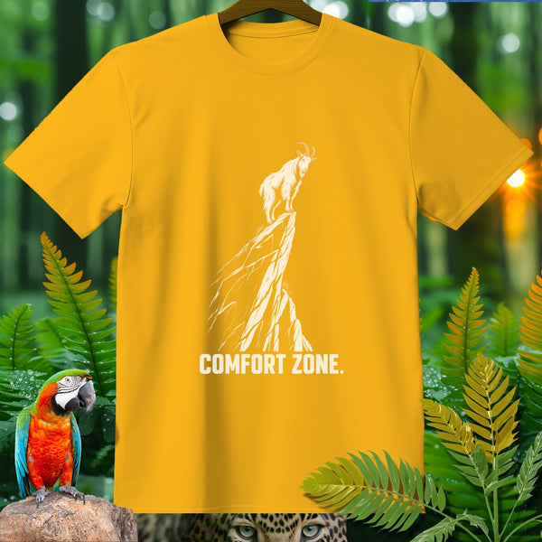 Yellow t-shirt with white graphic of a goat on a mountain and text "COMFORT ZONE."