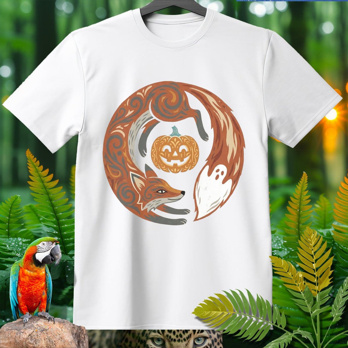 White t-shirt with circular design of a fox, pumpkin, and ghost.