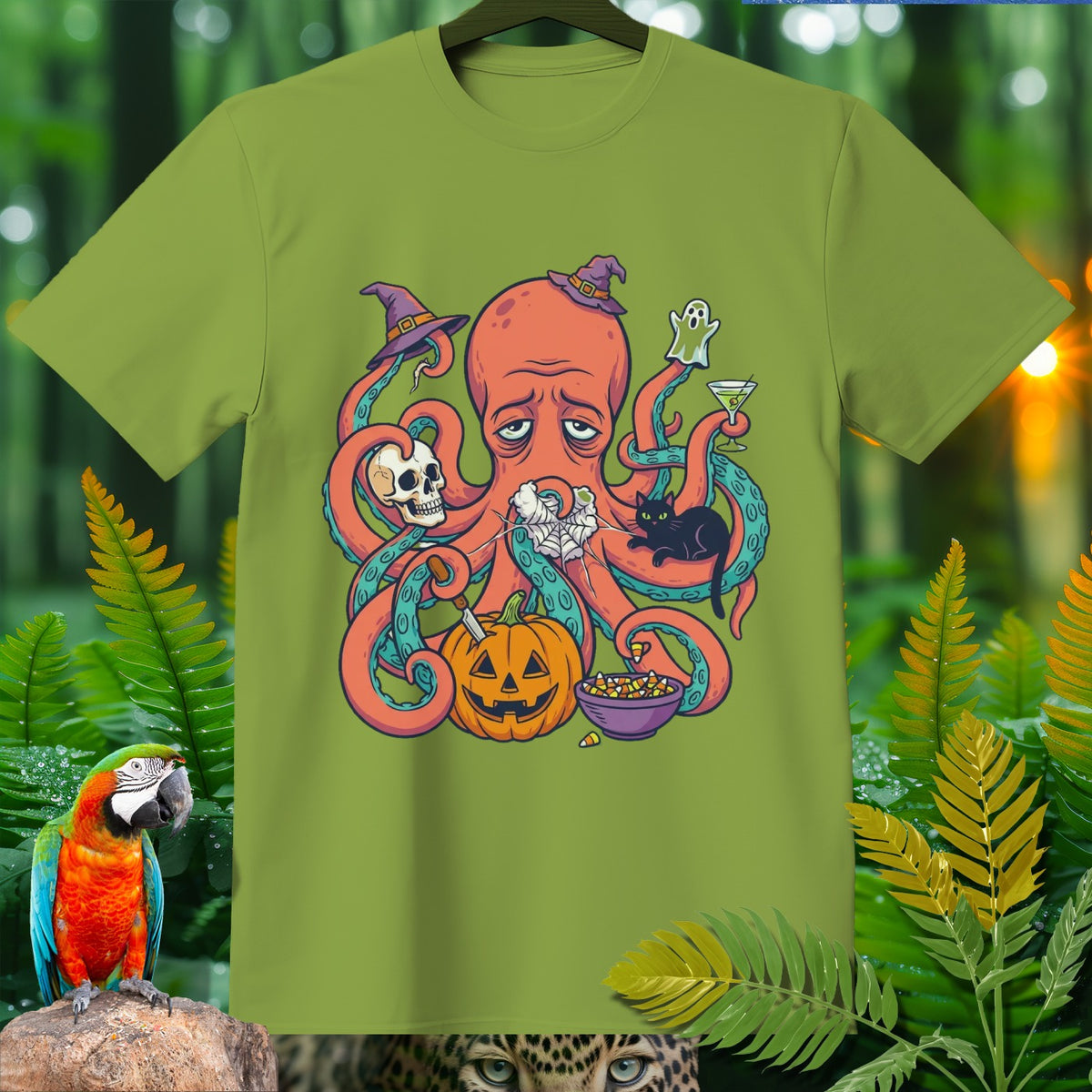 Green t-shirt with a sad octopus wearing a witch hat and surrounded by Halloween items.