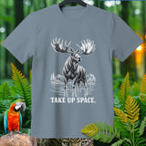 Gray t-shirt with a large moose illustration and text 