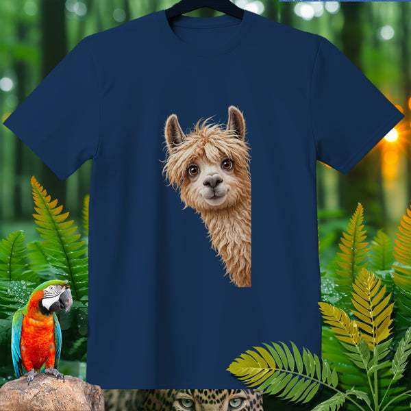 Navy t-shirt with a curious alpaca peeking from the side.