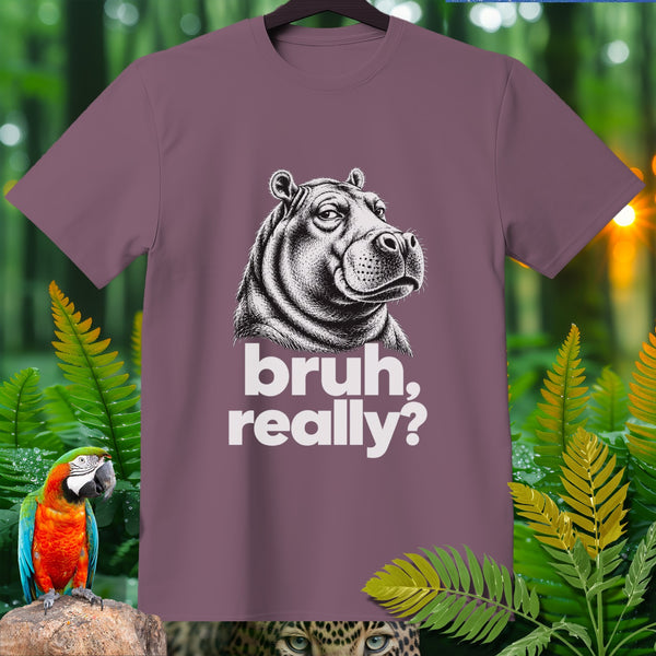 T-shirt with a graphic of a hippo and text that reads "bruh, really?".