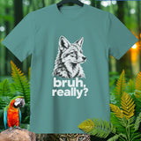 Teal t-shirt with a black and white sketch of a fox head and 
