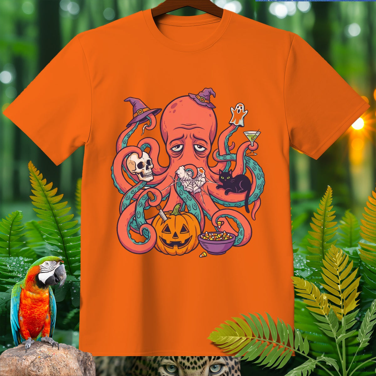 Orange t-shirt with sad octopus and Halloween icons: skull, cat, pumpkin, ghost.