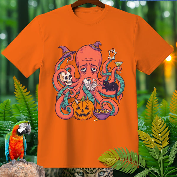 Orange t-shirt with sad octopus and Halloween icons: skull, cat, pumpkin, ghost.