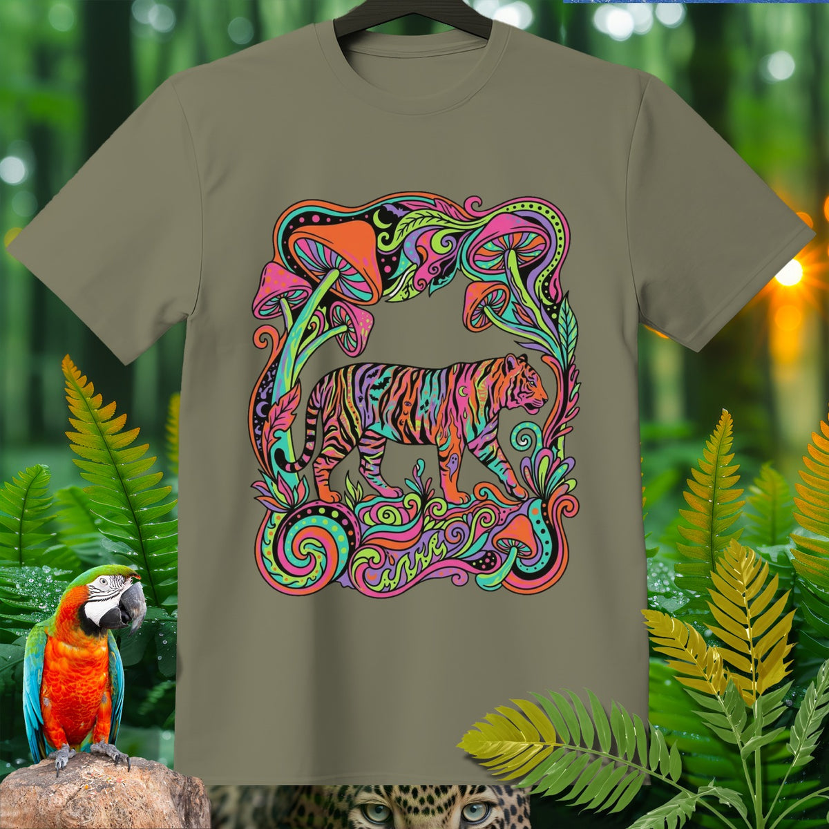 T-shirt with colorful psychedelic tiger and mushrooms graphic design.