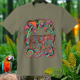 T-shirt with colorful psychedelic tiger and mushrooms graphic design.