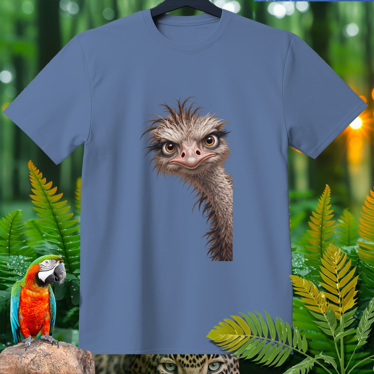 Blue t-shirt with a cartoon ostrich head graphic.