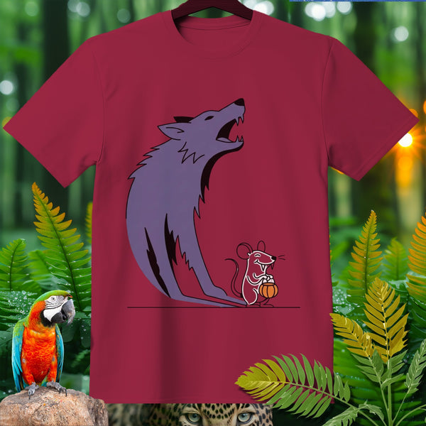 Maroon t-shirt with purple wolf and mouse holding pumpkin graphic.