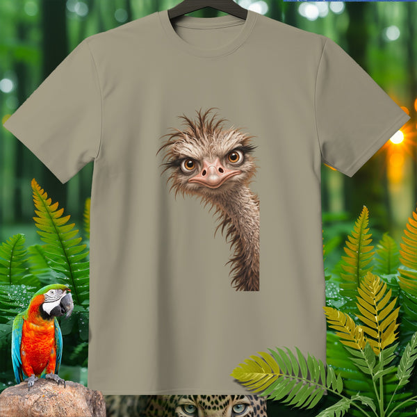 T-shirt with a realistic ostrich head graphic, surrounded by jungle foliage and a macaw.