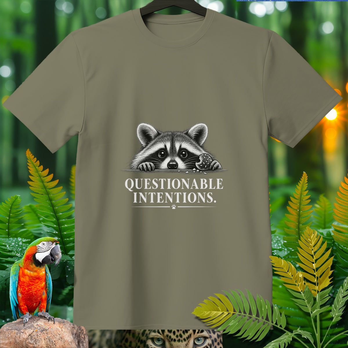 T-shirt with raccoon graphic and text "QUESTIONABLE INTENTIONS."