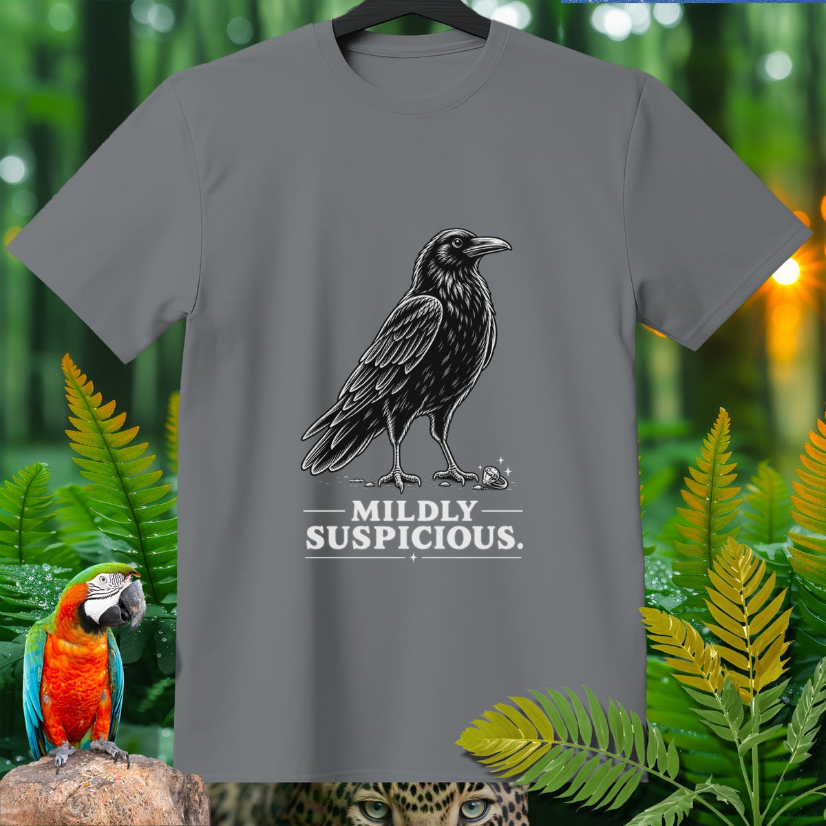 Gray t-shirt with a black crow graphic and "Mildly Suspicious" text.