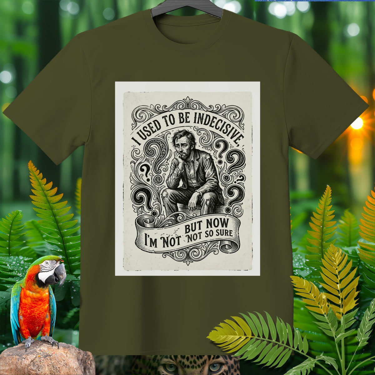 T-shirt graphic with man contemplating: "I USED TO BE INDECISIVE, BUT NOW I'M NOT NOT SO SURE."