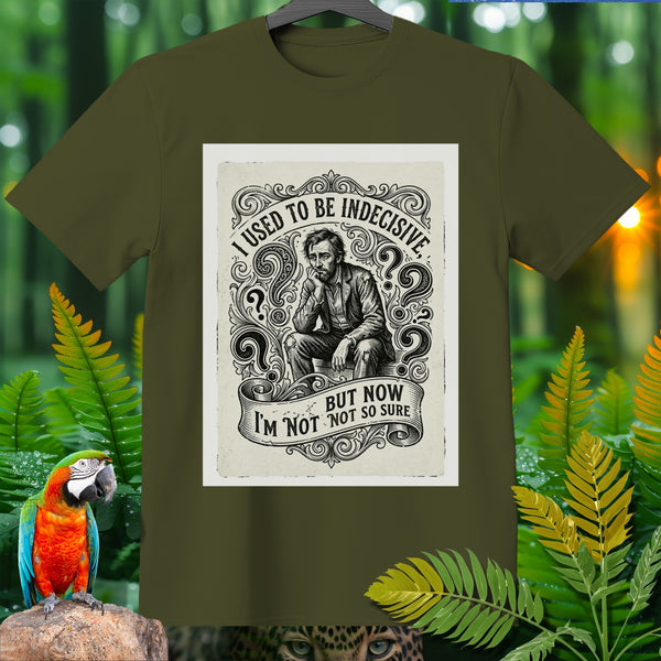 T-shirt graphic with man contemplating: "I USED TO BE INDECISIVE, BUT NOW I'M NOT NOT SO SURE."