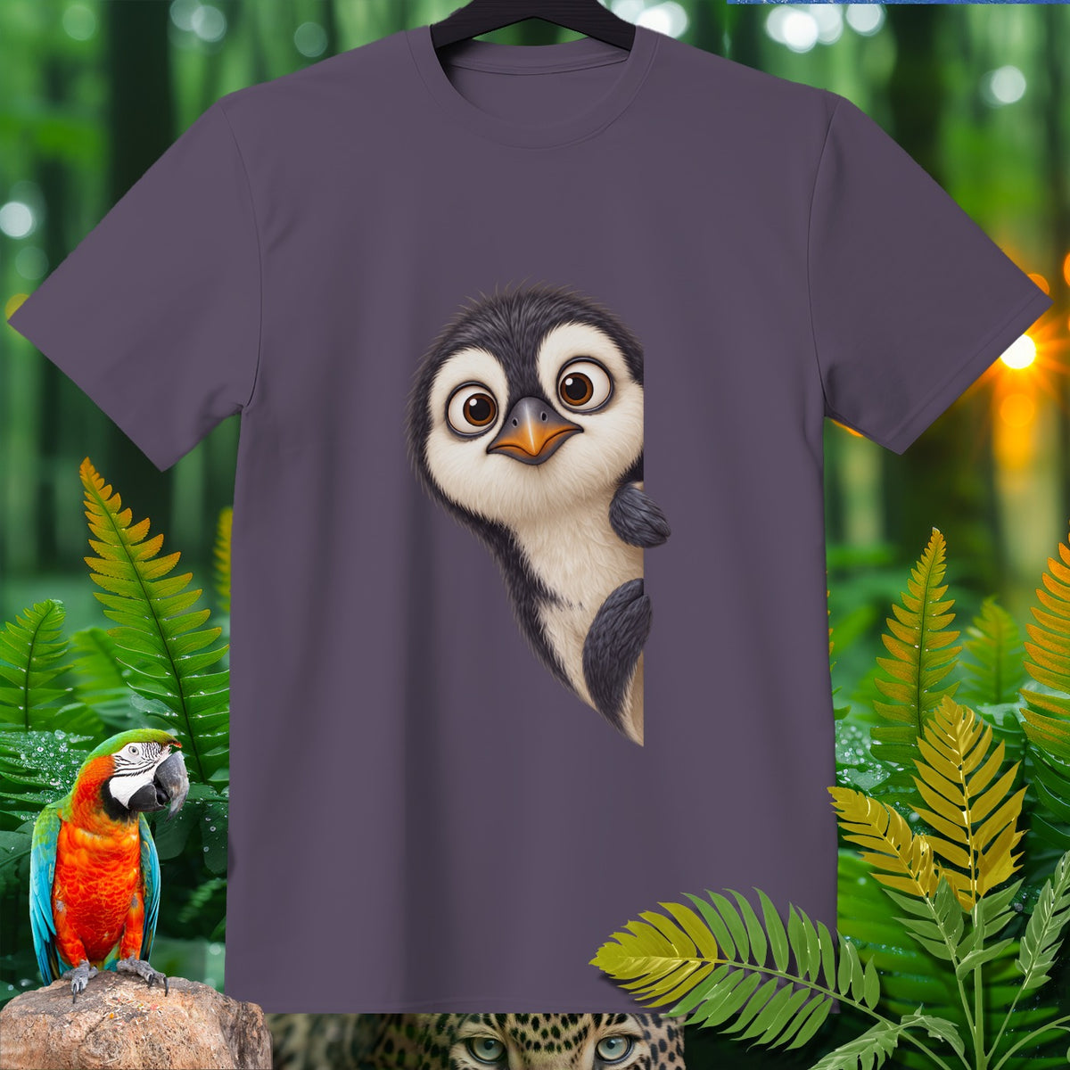 T-shirt with a cartoon penguin peeking from the side.